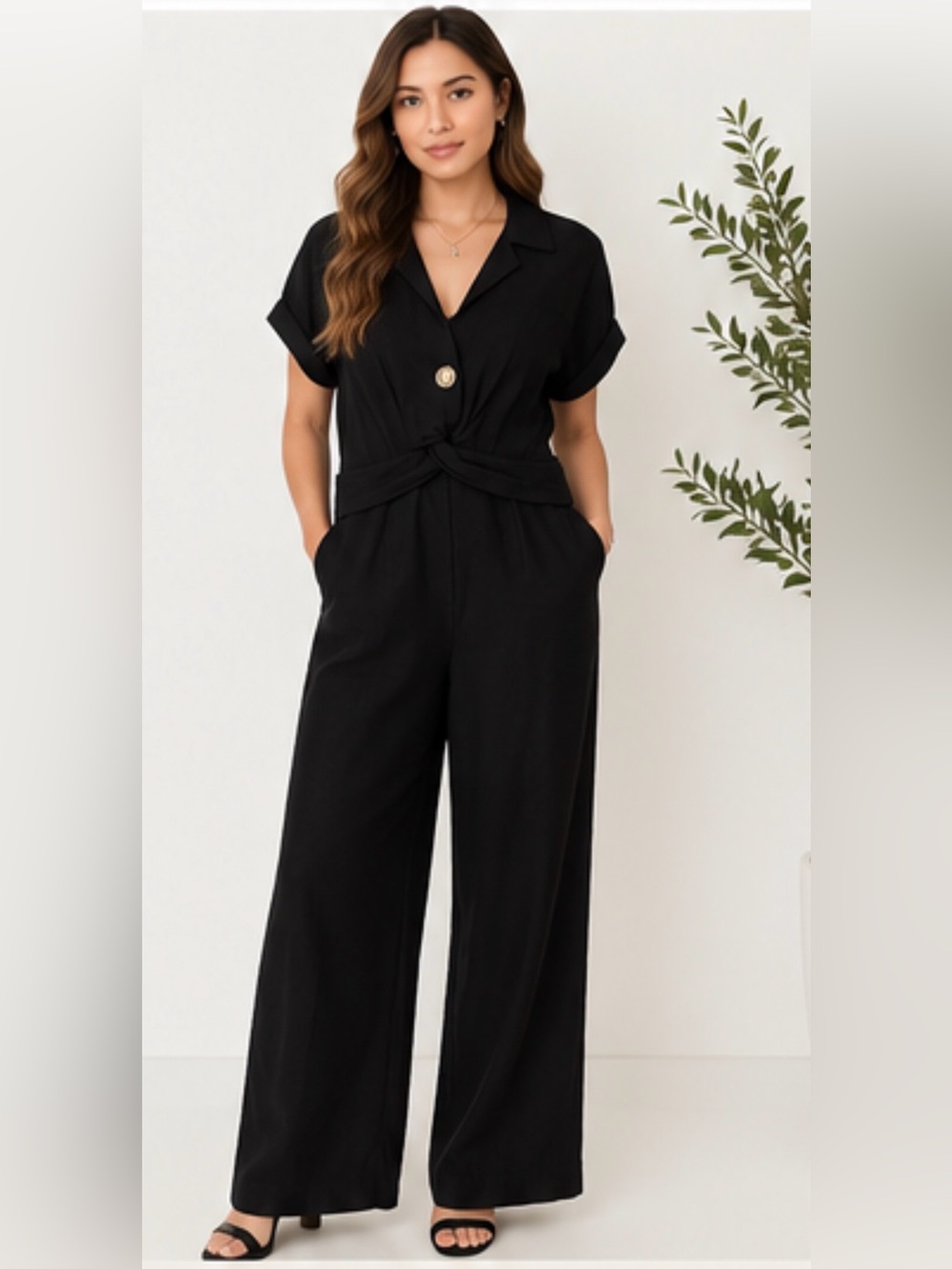 Sandro Black Short-Sleeve Twisted-Front Wide-Leg Jumpsuit